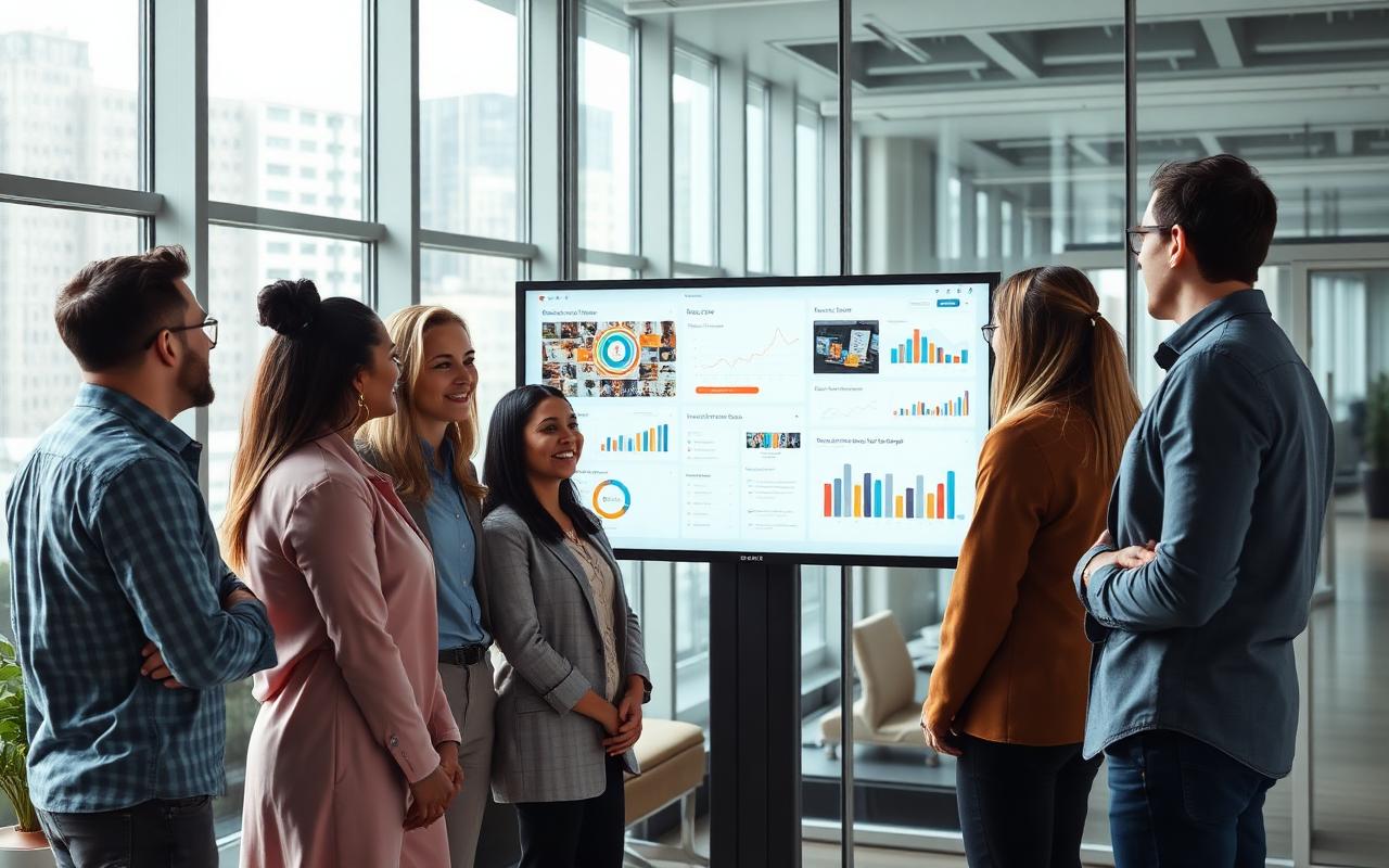 Advertising agency team reviewing live campaign performance dashboards